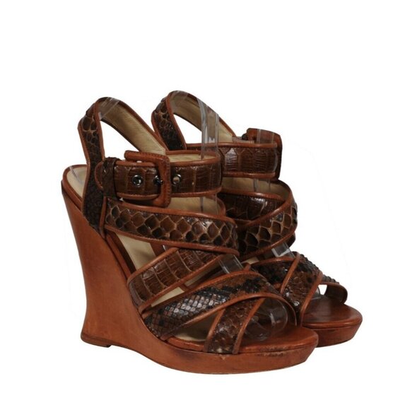 Alexandre Birman Womens Wedge Strappy Sandals US 7 EU 37 Brown Python Crocodile - Picture 1 of 13